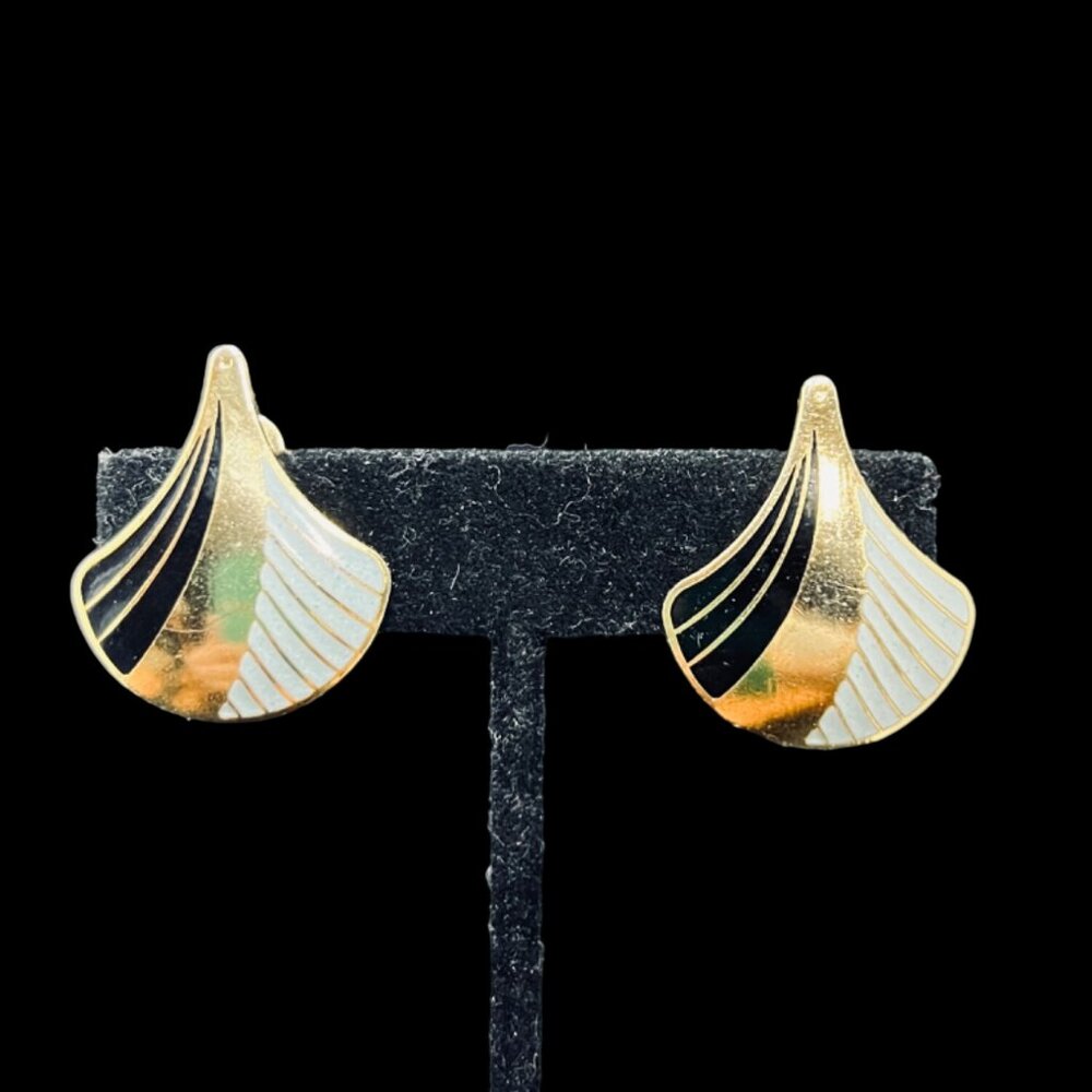 Gold Tone With Black And Light Blue Enamel Clip On Earrings Signed Sg (5237)